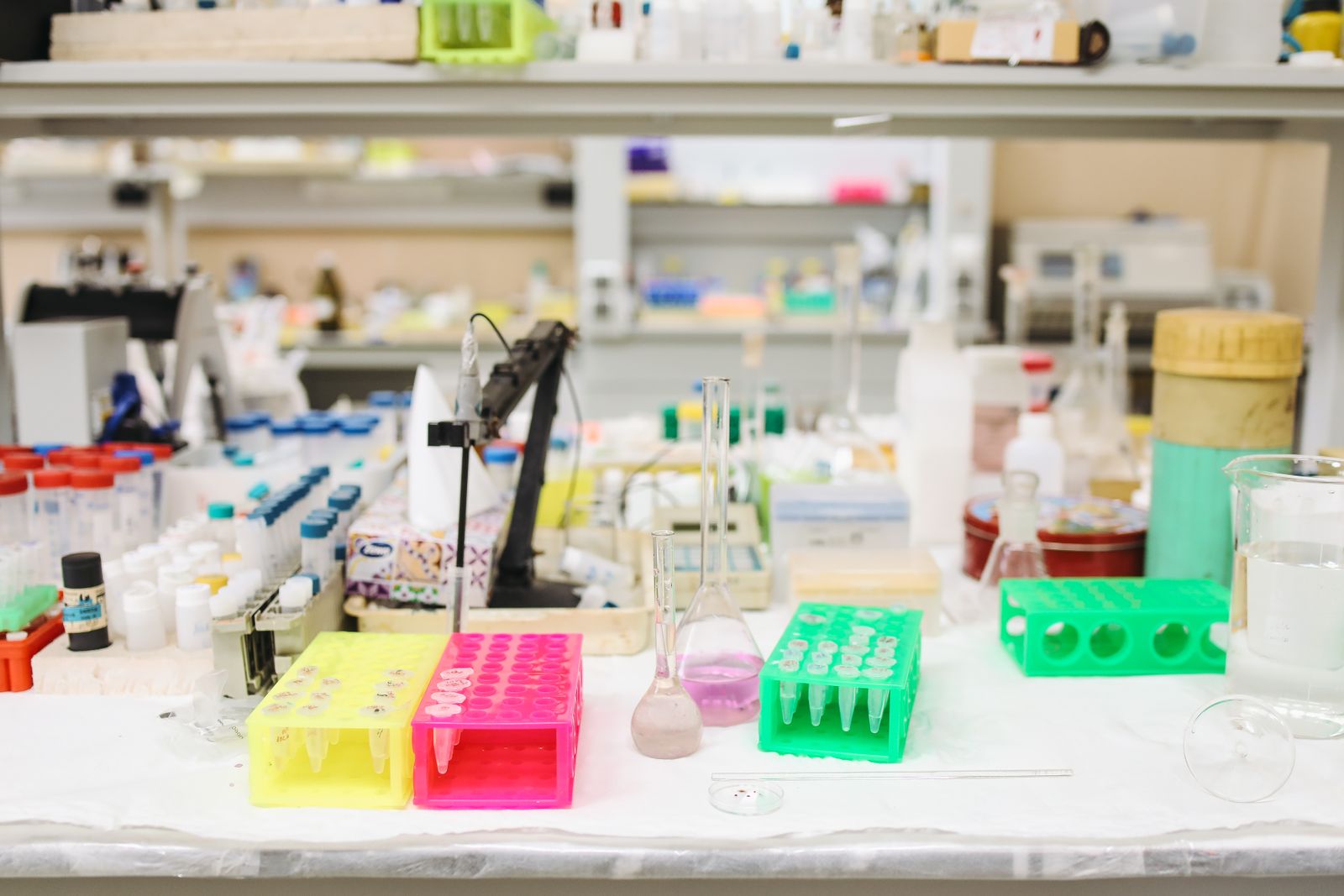 Laboratory bench with a range of experimental glassware and equipment.
